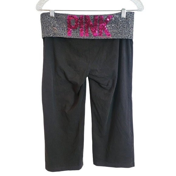 PINK Victoria's Secret Pants - Pink Victoria's Secret Y2K Leggings Med Black Leopard Foldover Sequin Logo Capri